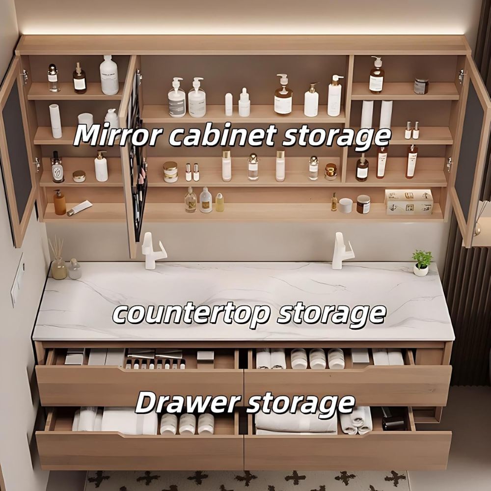 72IN Bathroom Vanity with Sink - Double Sink Bathroom Vanity with Anti-Fog Mirror, Seamless Easy-Clean Basin, Complete Accessories, Fully Assembled, Wood