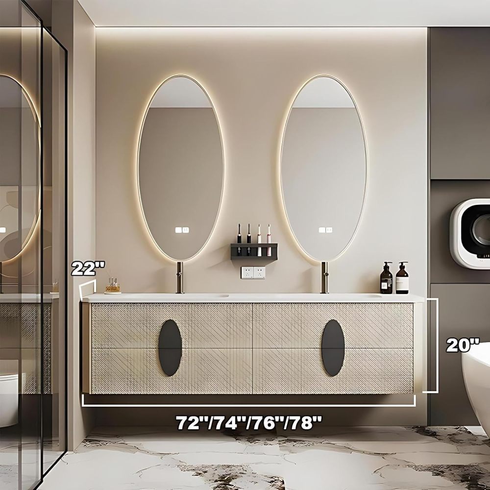 72IN Double Sink Bathroom Vanity - Solid Wood Bathroom Vanity Include Smart Oval Mirror & Defogging Function & One-Piece Sink, Complete Accessorie, Fully Assembled, Off-White
