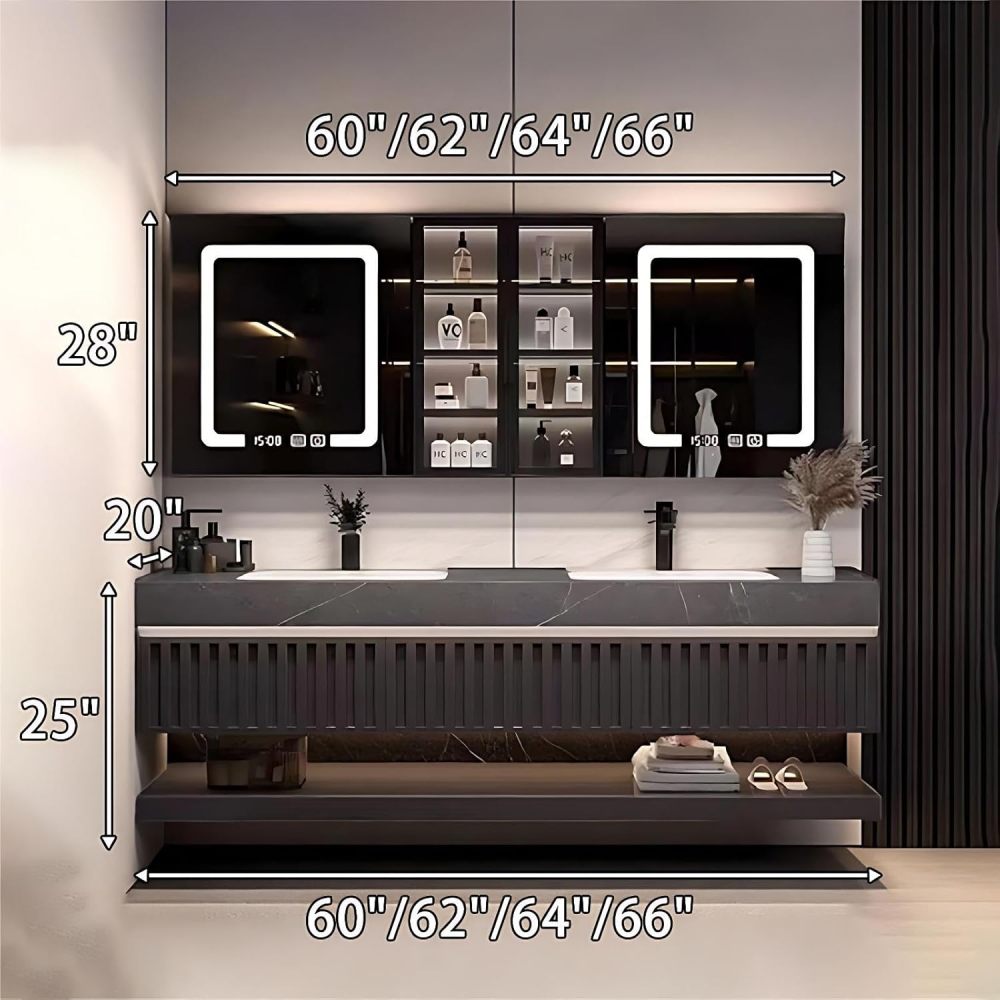 60IN Bathroom Vanity - Wall Mounted Bathroom Vanity with Seamless Double Sink and Smart Anti-Fog Mirror Cabinet, Modern Sink Cabinet with 3 Drawers, Khaki - Mirror