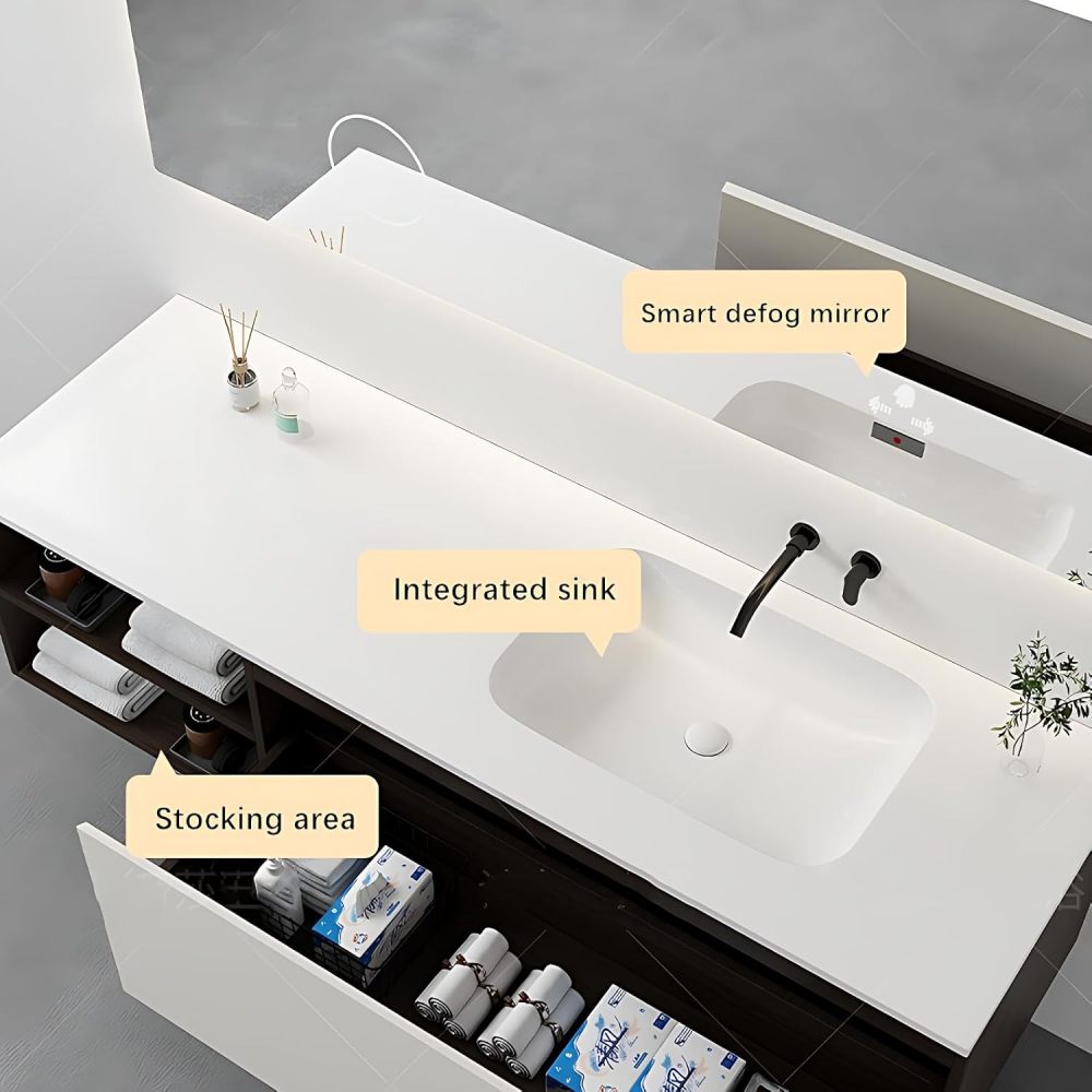Bathroom Vanity - White Bathroom Vanity with Sink & Smart Defog Mirror Combination | Wall Mount | Multi-Layer Solid Wood Material (88")