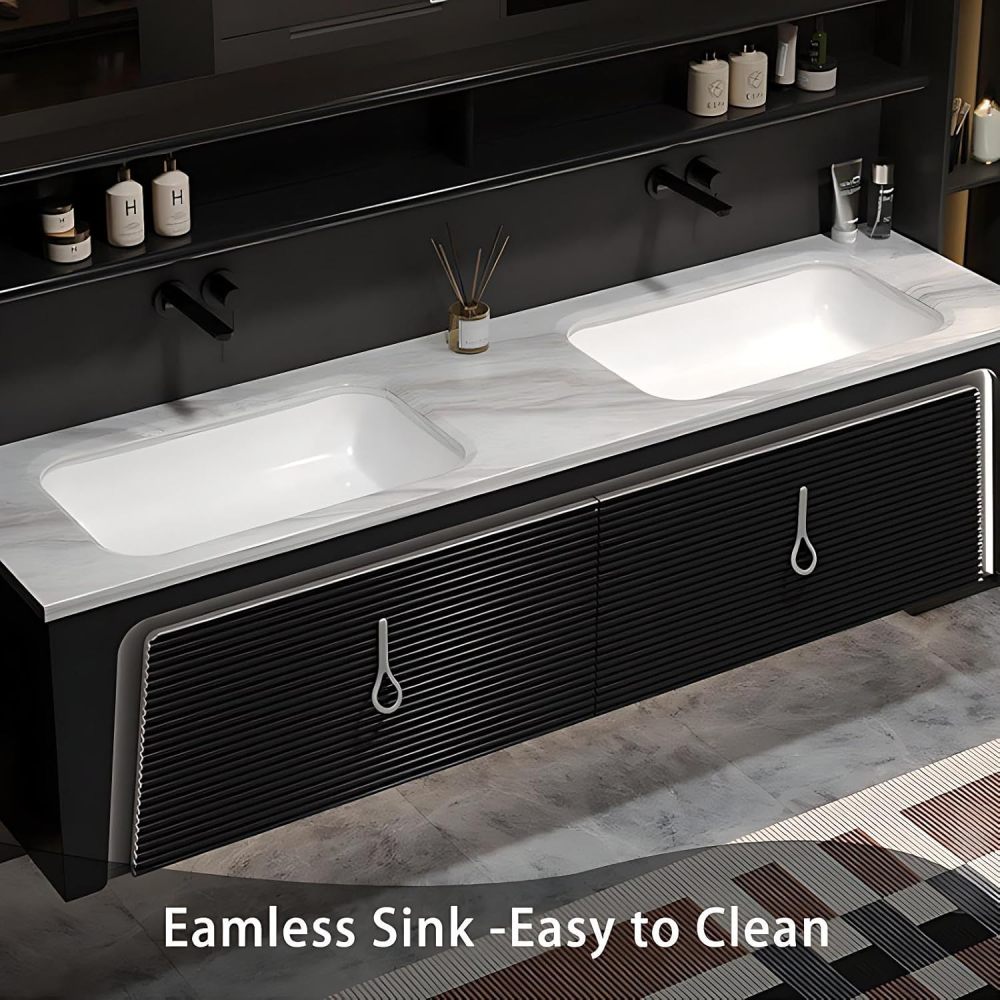 60IN Bathroom Vanity - Luxury Bathroom Vanity with Smart Defog Mirror, One-Touch Defog & Lighting, Floating Sink Cabinet with 2 Large Capacity Drawers, No Assembly Required, Brown