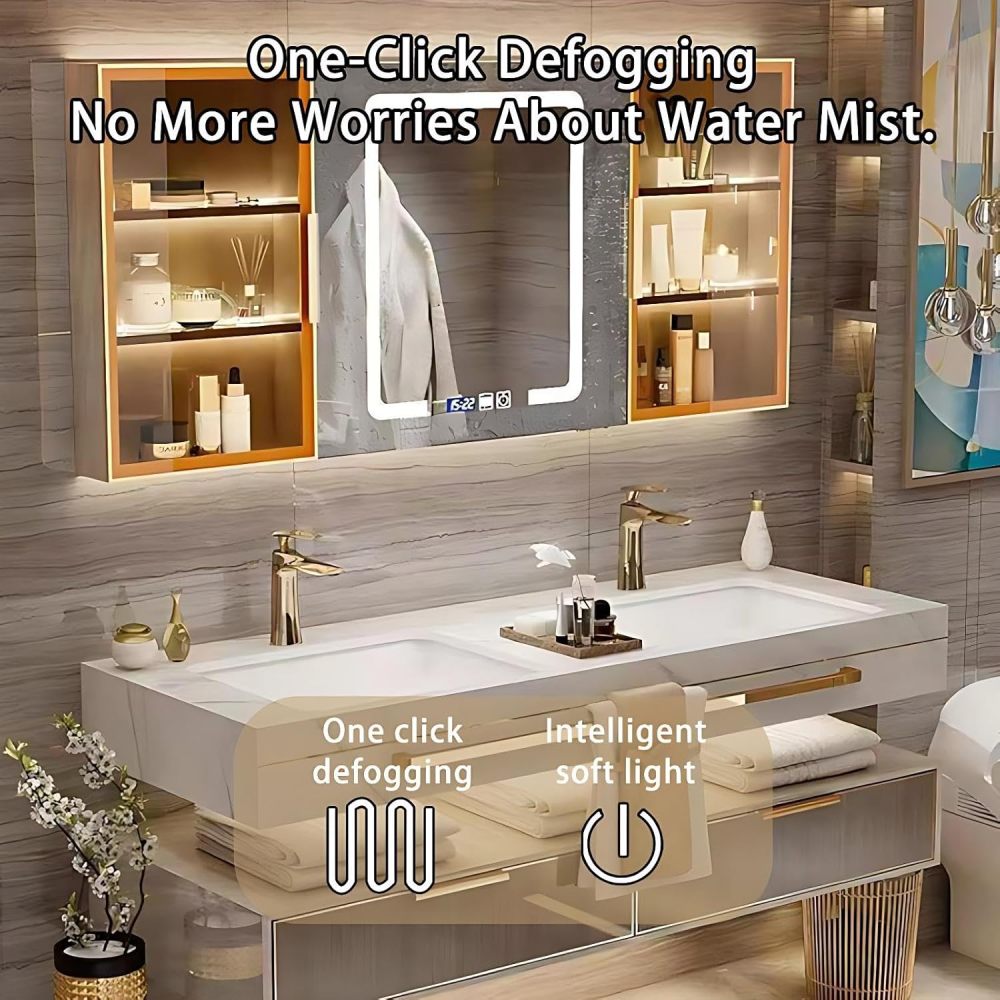 60IN Bathroom Vanity with Sink - Luxury Bathroom Vanity with Smart Defogger Mirror, One-Touch Defog & Lighting, Sink Cabinet with 2 Drawers & TowelRack, Off White - Mirror