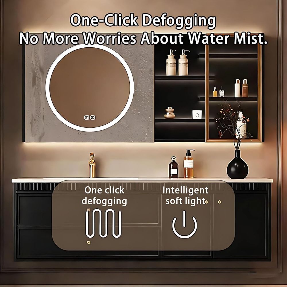 60IN Bathroom Vanity - Solid Wood Bathroom Vanity with Anti-Fog Mirror Cabinet, Floating Sink Cabinet with Multiple Storage Areas, No Assembly Required, Brown