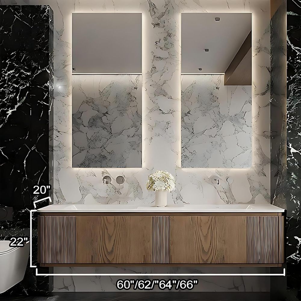 62IN Double Sink Bathroom Vanity - Solid Wood Bathroom Vanity with Smart Defog Mirror, Modern Sink Cabinet with 2 Large Capacity Drawers, No Assembly Required
