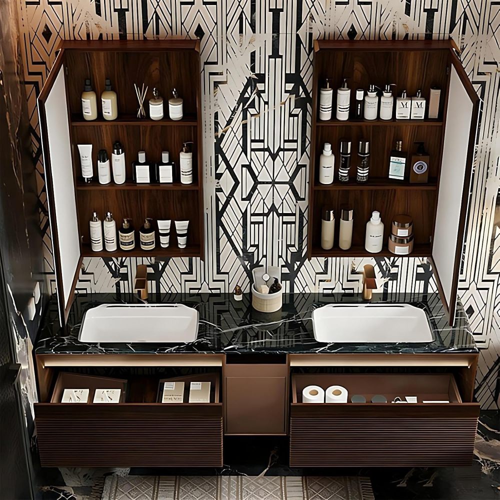 60IN Double Sink Bathroom Vanity - Luxury Bathroom Vanity with Smart Defog Mirror, Floating Sink Cabinet with Multiple Storage Areas, No Assembly Required, Brown - Mirror