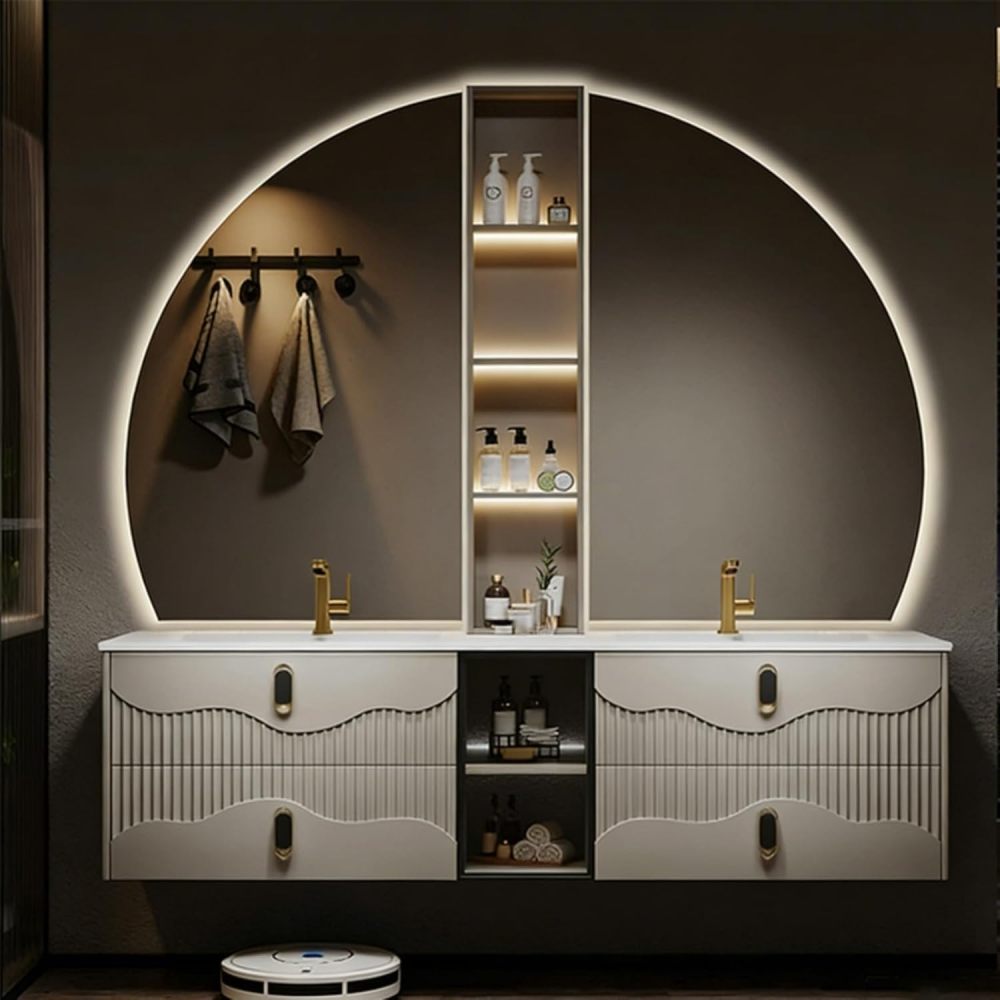 72IN Bathroom Vanity - Modern Floating Bathroom Vanity with Sink, Solid Wood Wall-Mounted Sink Cabinet, Anti-Fog Mirror & Storage, Fully Assembled, Mirror B