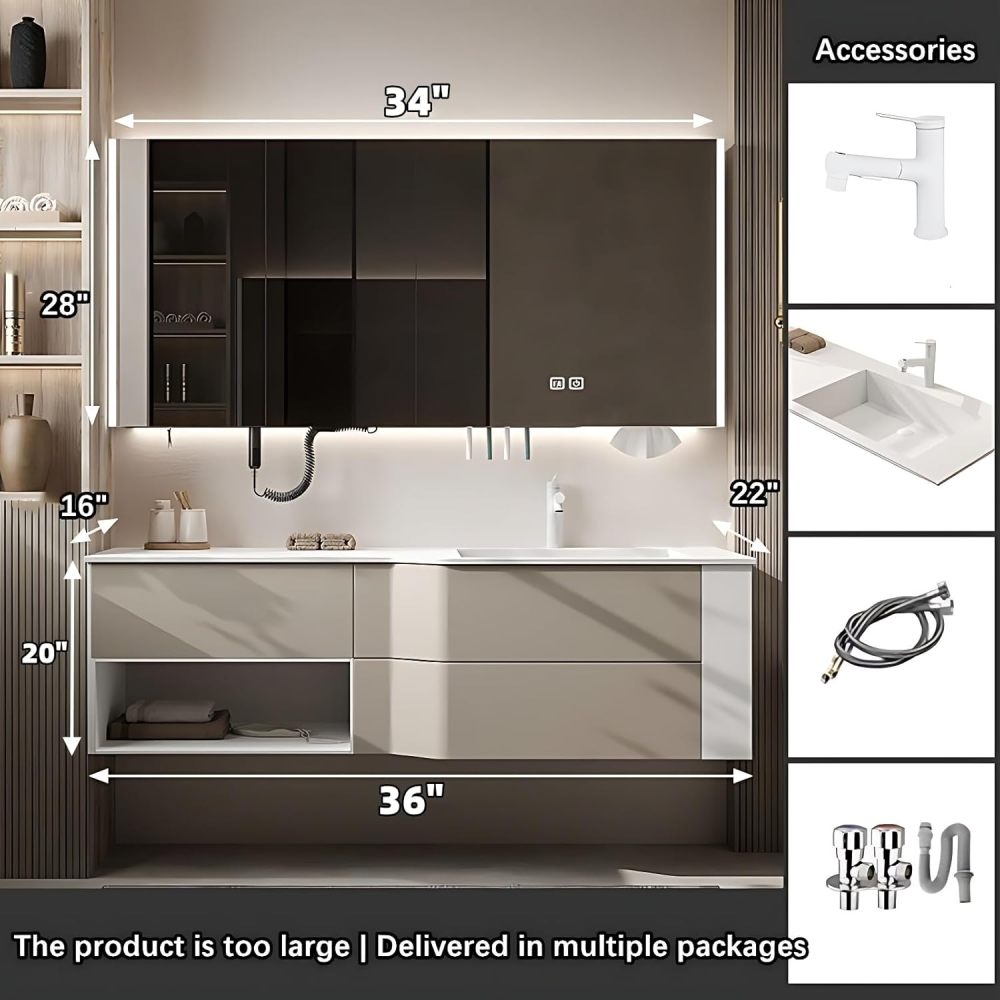 Bathroom Vanity with Sink - Modern Bathroom Sink Cabinet, Contains LED Smart Defog Function | Wall Mount | Multi-Layer Solid Wood Material | Modern and Stylish Design (36")