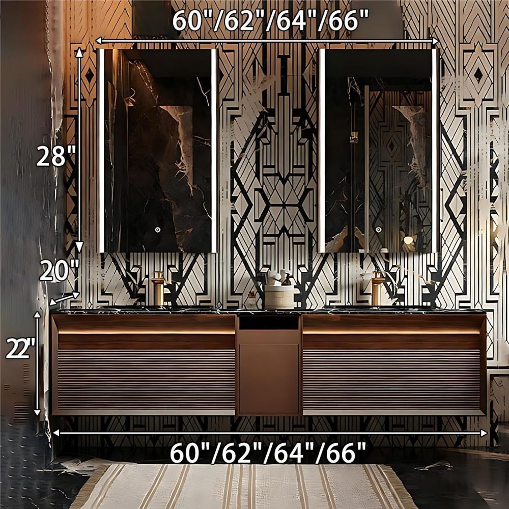 60IN Double Sink Bathroom Vanity - Luxury Bathroom Vanity with Smart Defog Mirror, Floating Sink Cabinet with Multiple Storage Areas, No Assembly Required, Brown - Mirror