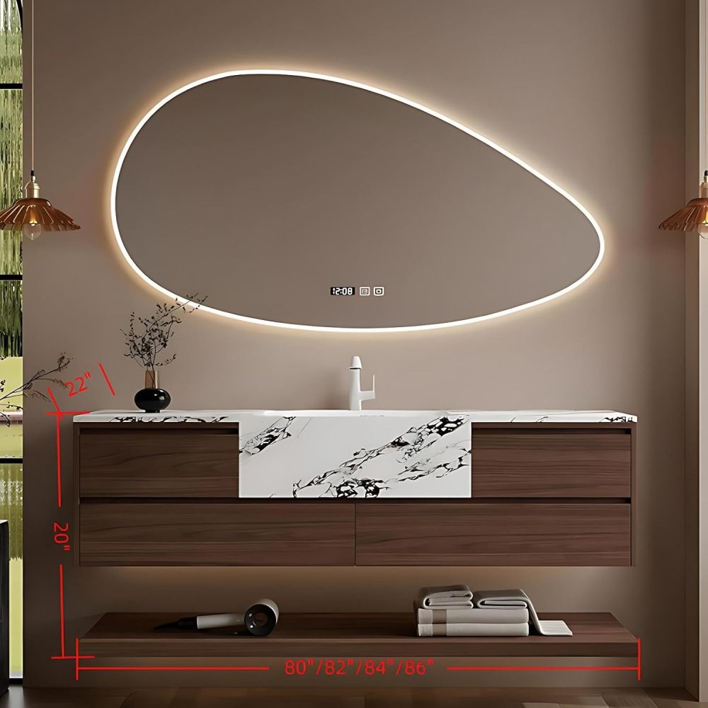 80IN Floating Bathroom Vanity with Sink - Solid Wood Vanity with Smart Defogging Mirror & Marble Rock Plate Basin, Large Storage Drawer, Includes Accessories, Walnut A