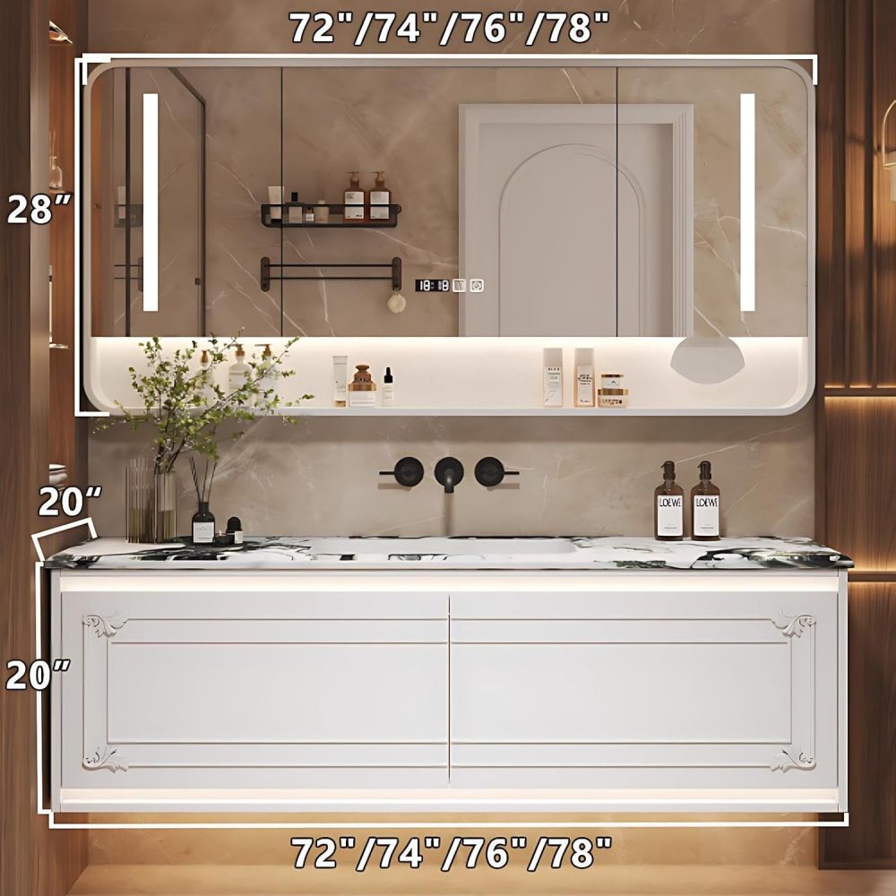 72IN Single Sink Bathroom Vanity - Small Bathroom Sink Cabinet with 2 Drawer Storage, Anti-Fog Mirror, Seamless Basin, Wall-Mounted Design | Complete Accessories, Fully Assembled, White