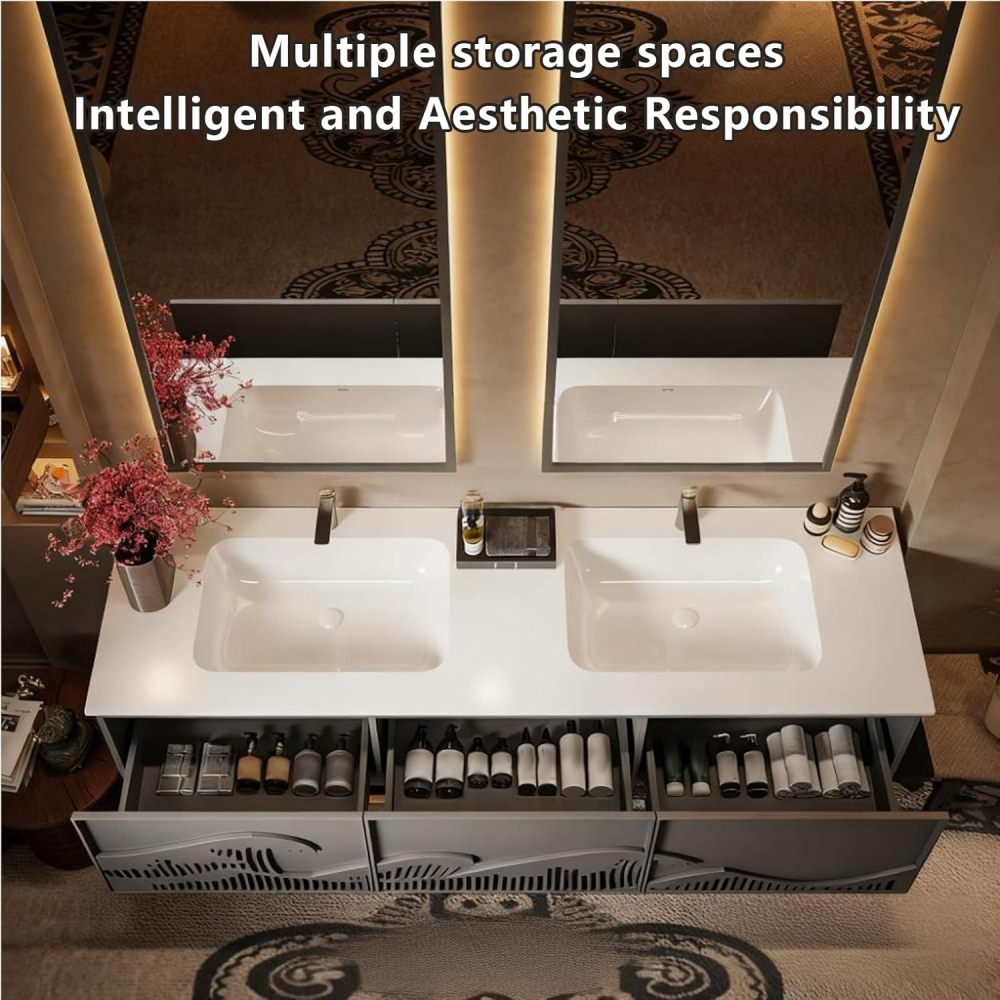 72IN Bathroom Vanity with Sink - Solid Wood Wall-Mounted Bathroom Vanity with Ample Storage, Smart Anti-Fog Mirror & Seamless Basin, Complete Accessorie, Fully Assembled