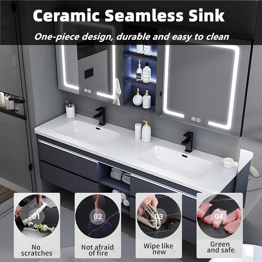 Bathroom Vanity with Sink - Double Sink Bathroom Vanity Cabinet & Smart Mirror Cabinet Set, Wall Mounted Modern Floating Vanity, Suitable for Large Bathrooms (88",White)