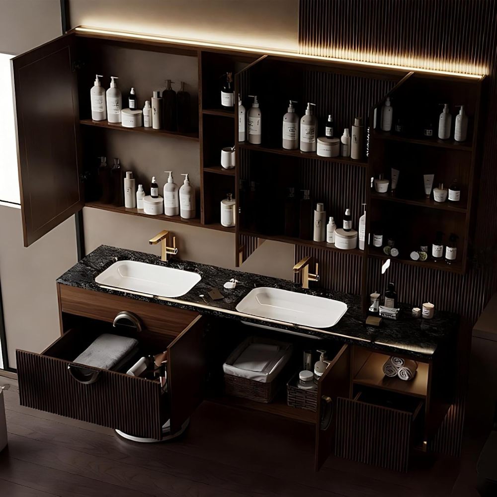 70IN Double Sink Bathroom Vanity - Luxury Bathroom Vanity with Smart Defog Mirror, Solid Wood Sink Cabinet with Multiple Storage Areas & Seamless Sink, No Assembly Required