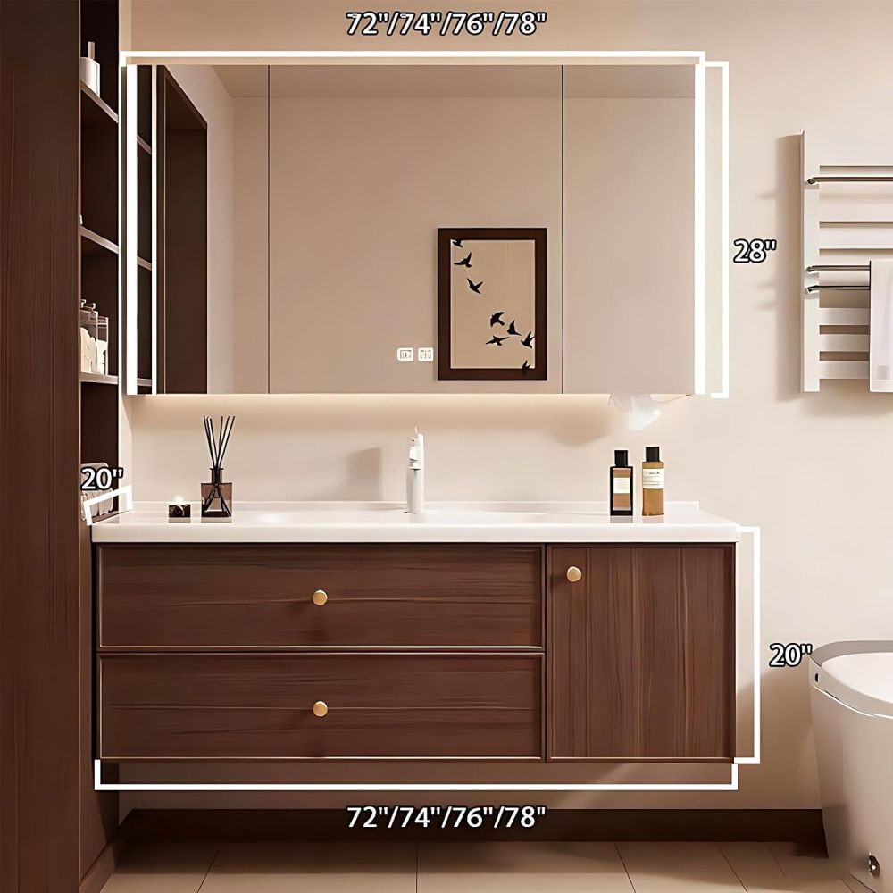 72IN Bathroom Vanity with Sink - Small Bathroom Vanity with Smart Defrost Mirror, Seamless Easy-Clean Basin, Wall-Mounted, Complete Accessories, Fully Assembled, White
