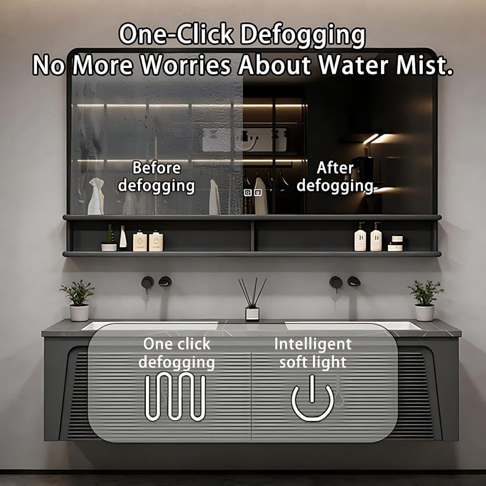 60IN Bathroom Vanity - Luxury Bathroom Vanity with Smart Defog Mirror, One-Touch Defog & Lighting, Floating Sink Cabinet with 2 Large Capacity Drawers, No Assembly Required, Dark Gray