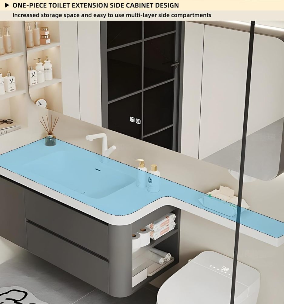 98IN Floating Bathroom Vanity with Sink - Modern Sink Set with Smart Defog Mirror Cabinet & Extended Countertop, Large Storage Space & Soft Closing Doors, Includes Accessories, Grey