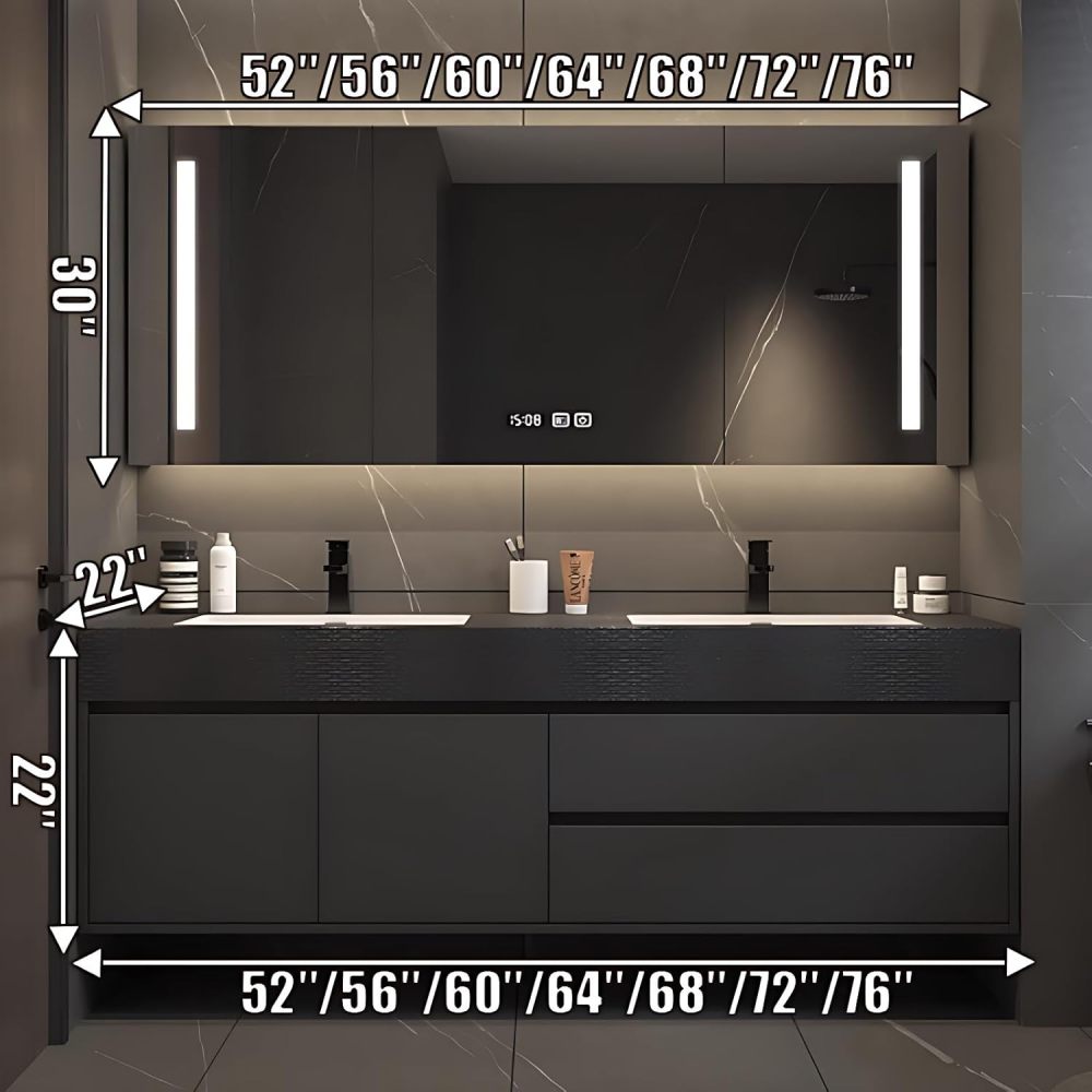 Modern Bathroom Vanity with Double Sink – Wall-Mounted Bathroom Cabinet with Sink, LED Mirror, 2 Drawers, Mirror Cabinet – Floating Vanity Set for Stylish Storage (Black, 72IN)