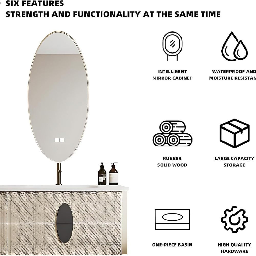 58IN Bathroom Vanity - Solid Wood Single Sink Bathroom Vanity Include Smart Oval Mirror & Defogging Function, Large Capacity Drawers, Complete Accessorie, Fully Assembled, Off-White