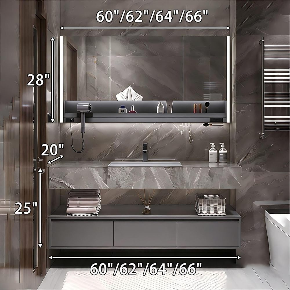 60IN Bathroom Vanity - Modern Bathroom Vanity with Smart Defog Mirror, One-Touch Defog & Lighting, Floating Bathroom Sink Cabinet with 3 Drawers & Seamless Sink, No Assembly Required