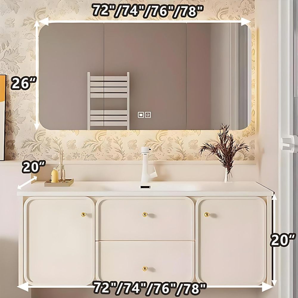 72IN Floating Bathroom Vanity with Sink - Sink Cabinets with Smart Anti-Fog Mirror, 2 Drawers Solid Wood Storage, Seamless Basin, Complete Accessories, Fully Assembled, White