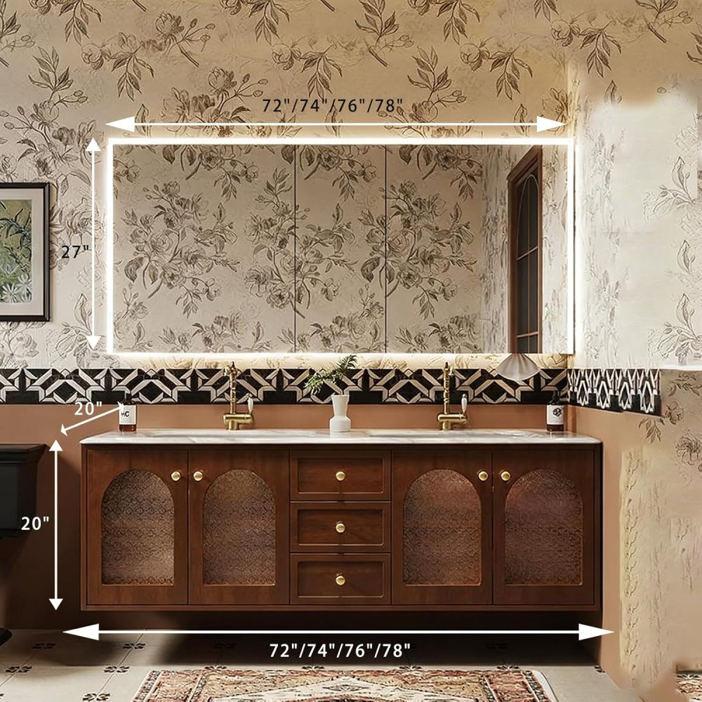 72IN Modern Bathroom Vanity with Sink, Solid Wood Wall-Mounted Bathroom Vanity, Smart Anti-Fog Mirror, Stylish Storage with Drawers, Fully Assembled