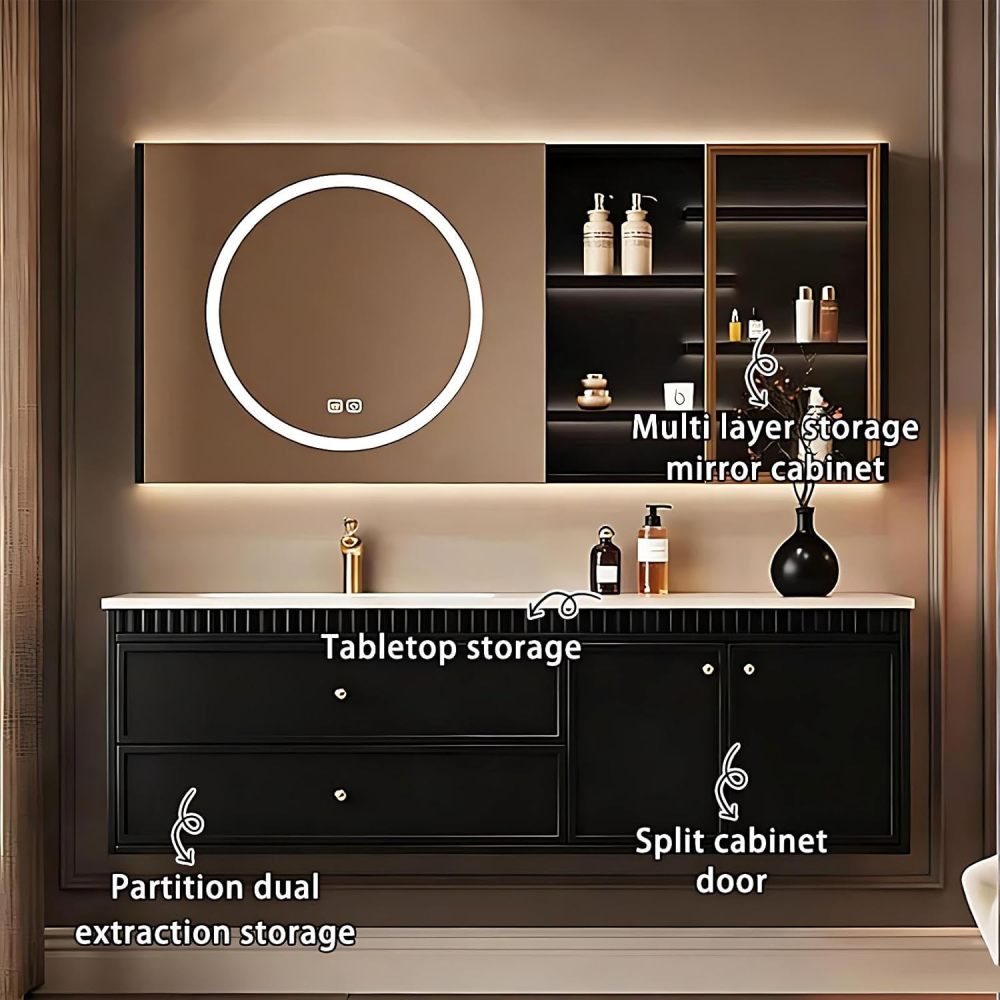 60IN Bathroom Vanity - Solid Wood Bathroom Vanity with Anti-Fog Mirror Cabinet, Floating Sink Cabinet with Multiple Storage Areas, No Assembly Required, Black