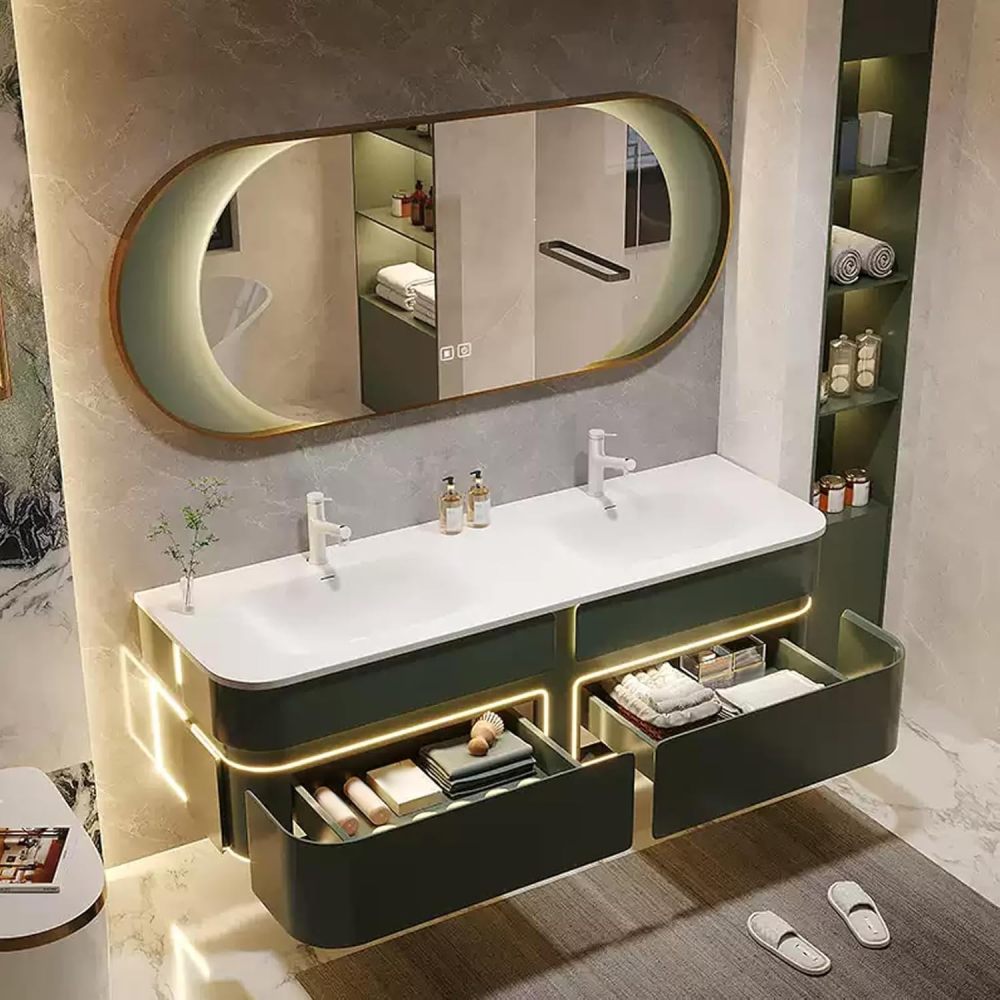 72IN Double Sink Bathroom Vanity - Modern Bathroom Vanity with Smart Light Defog Mirror, Solid Wood Vanity Cabinet with 2 Drawers, Floating Design, Green