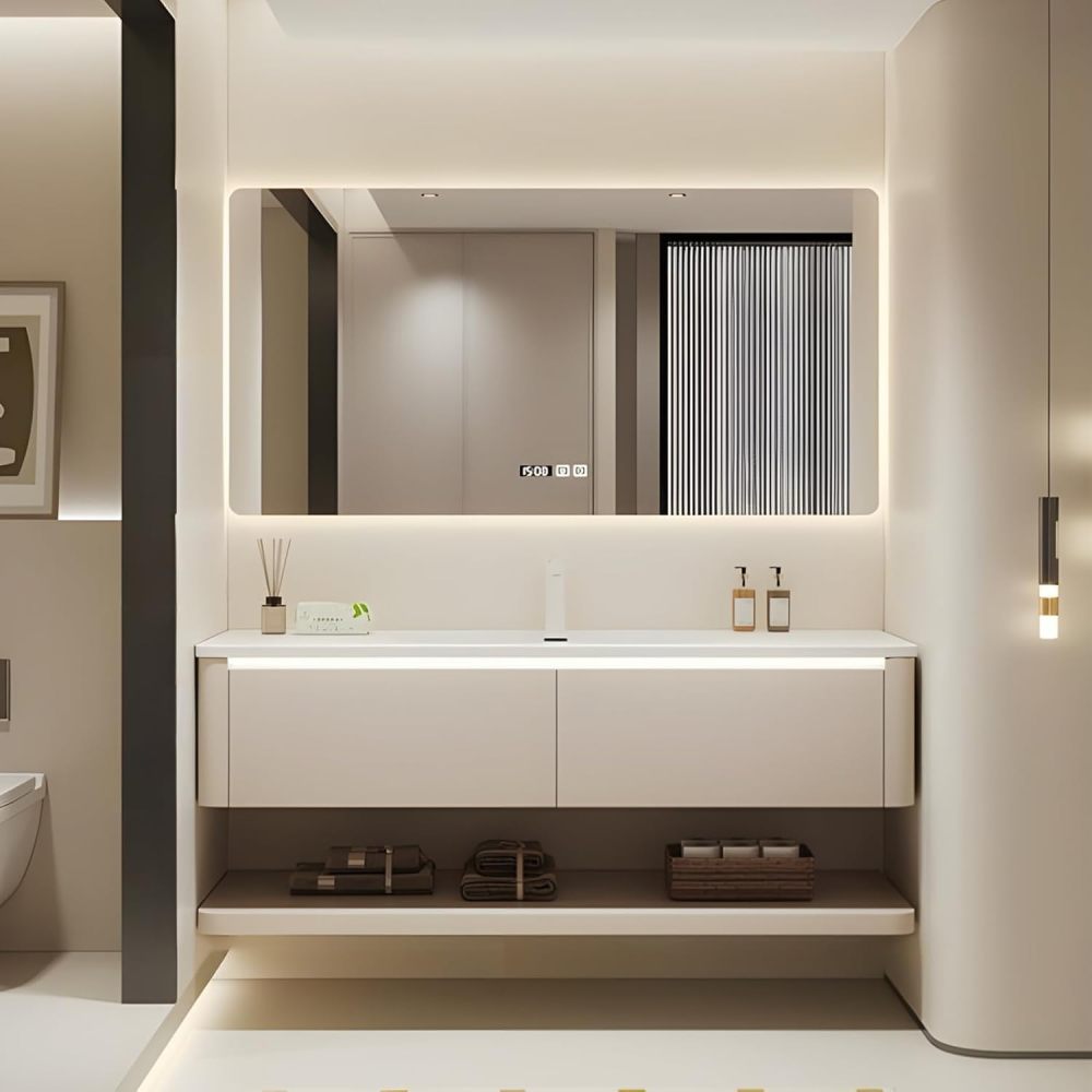 80IN Floating Bathroom Vanity Sink Set - Smart Defogging Mirror Cabinet with Light, Solid Wood Vanity with Open Storage Design, One-piece Basin, Includes Accessories, Off-White