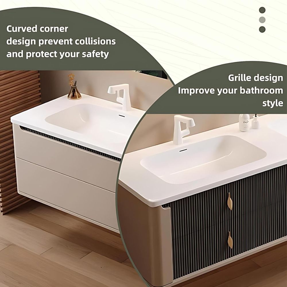 52IN Bathroom Vanity Double Sink - Wall Mount Bathroom Vanity with Double Sink, Includes Anti-Fog Mirror Cabinet and Complete Accessorie, Solid Wood, Fully Assembled, Khaki