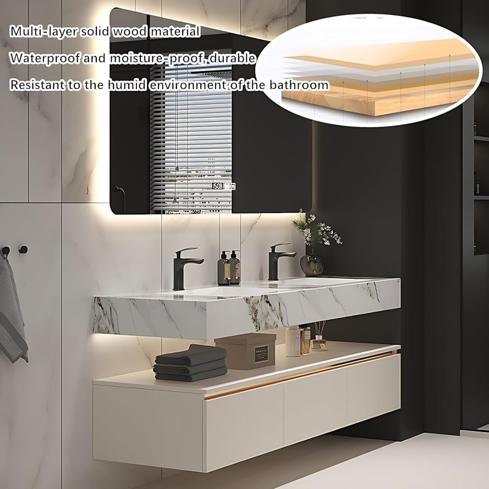 Modern Bathroom Vanity - Double Sink Bathroom Vanity, Includes Faucet & Smart Defog Mirror Combination | Suitable for Large Spaces | Multi-Layer Solid Wood Material