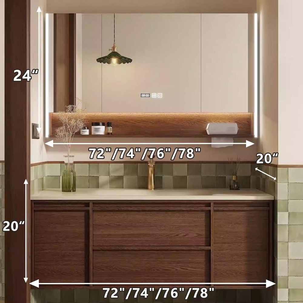 72IN Bathroom Vanity with Sink - Solid Wood Wall-Mounted Bathroom Vanity with Anti-Fog Mirror, 2 Drawers & 2 Cabinets, Complete Accessories, Fully Assembled, A