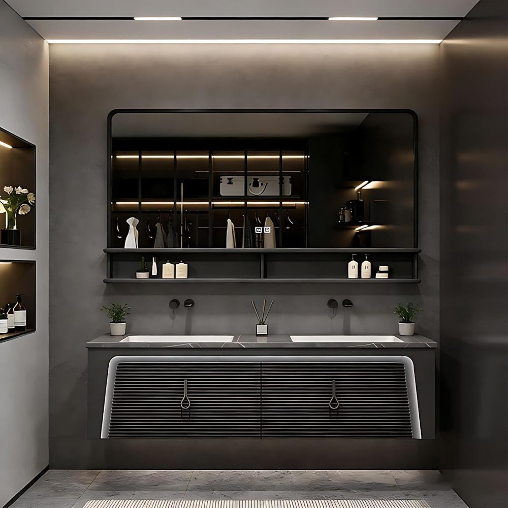 60IN Bathroom Vanity - Luxury Bathroom Vanity with Smart Defog Mirror, One-Touch Defog & Lighting, Floating Sink Cabinet with 2 Large Capacity Drawers, No Assembly Required, Dark Gray
