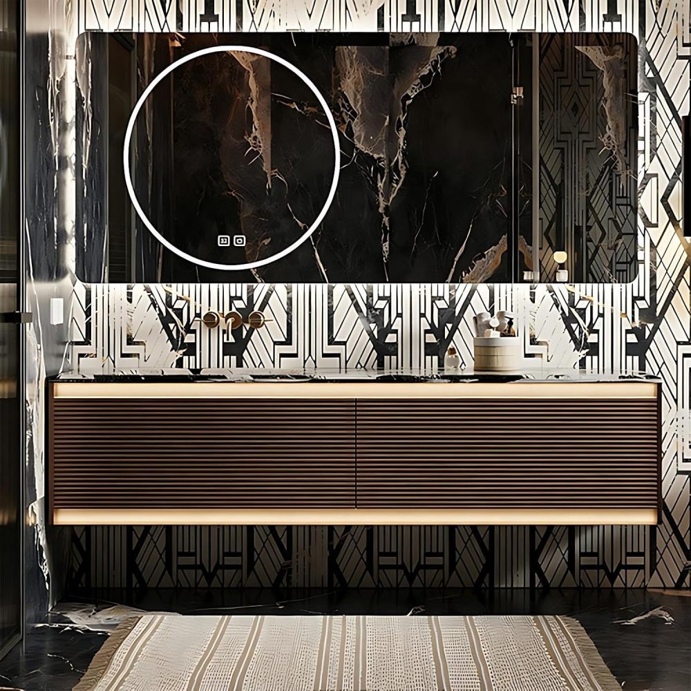 60IN Bathroom Vanity - Modern Bathroom Vanity with Smart Defog Mirror, One-Touch Defog & Lighting, Solid Wood Sink Cabinet with 2 Drawer and Seamless Sink, No Assembly Required