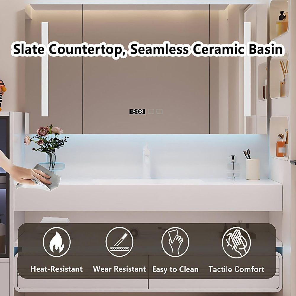 72IN Bathroom Vanity - Bathroom Vanity with Sink, Solid Wood Floating Sink Cabinet, Smart Defogging Mirror, Stylish Storage, Wall Mounted Design, Fully Assembled, White C