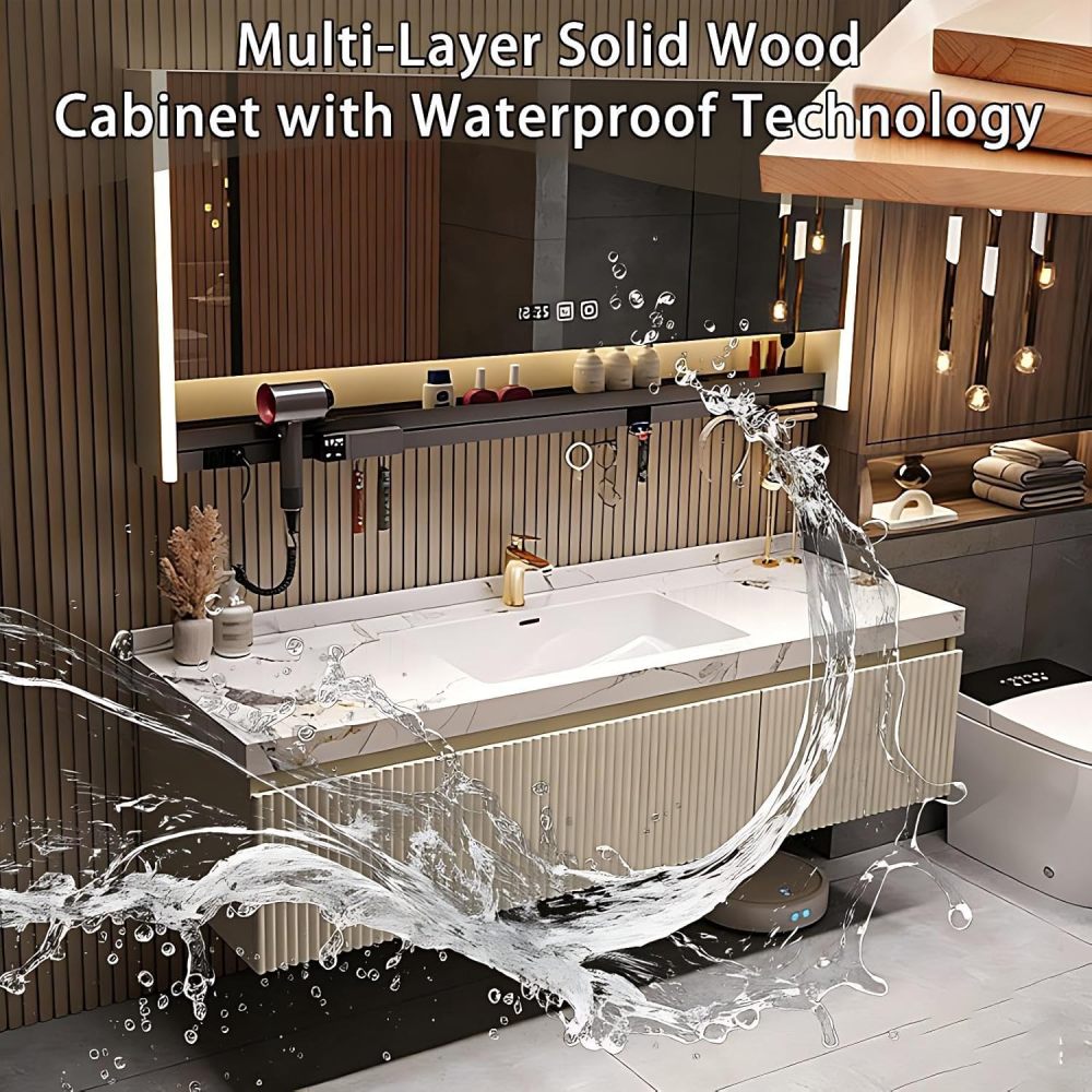 60IN Bathroom Vanity - Modern Bathroom Vanity with Anti-Fog Mirror Cabinet, One-Touch Defog & Lighting, Floating Bathroom Vanity Cabinet with Storage, Multi-Layer Solid Wood Material