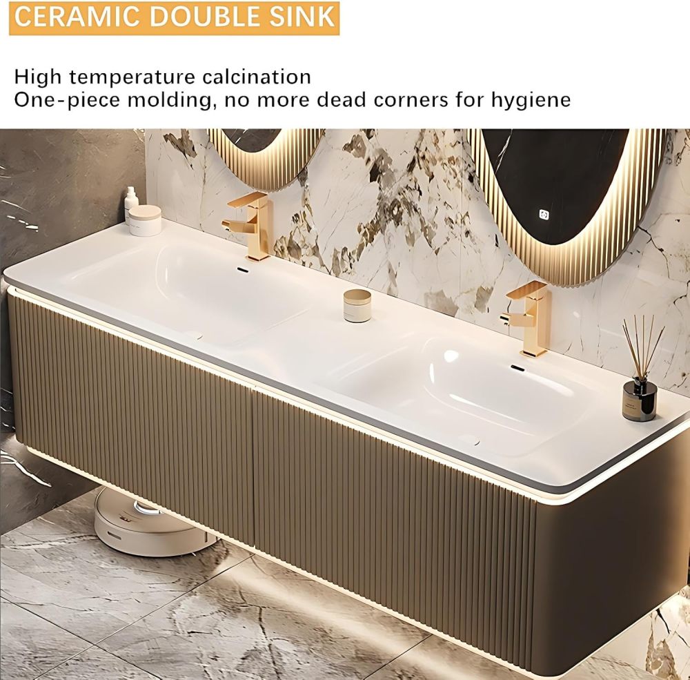 Bathroom Vanity with Sink - Double Sink Bathroom Vanity | LED Smart Defog Mirror Cabinet Included | Dual Zone Design | Multi-Layer Solid Wood Material | Wall Mounted