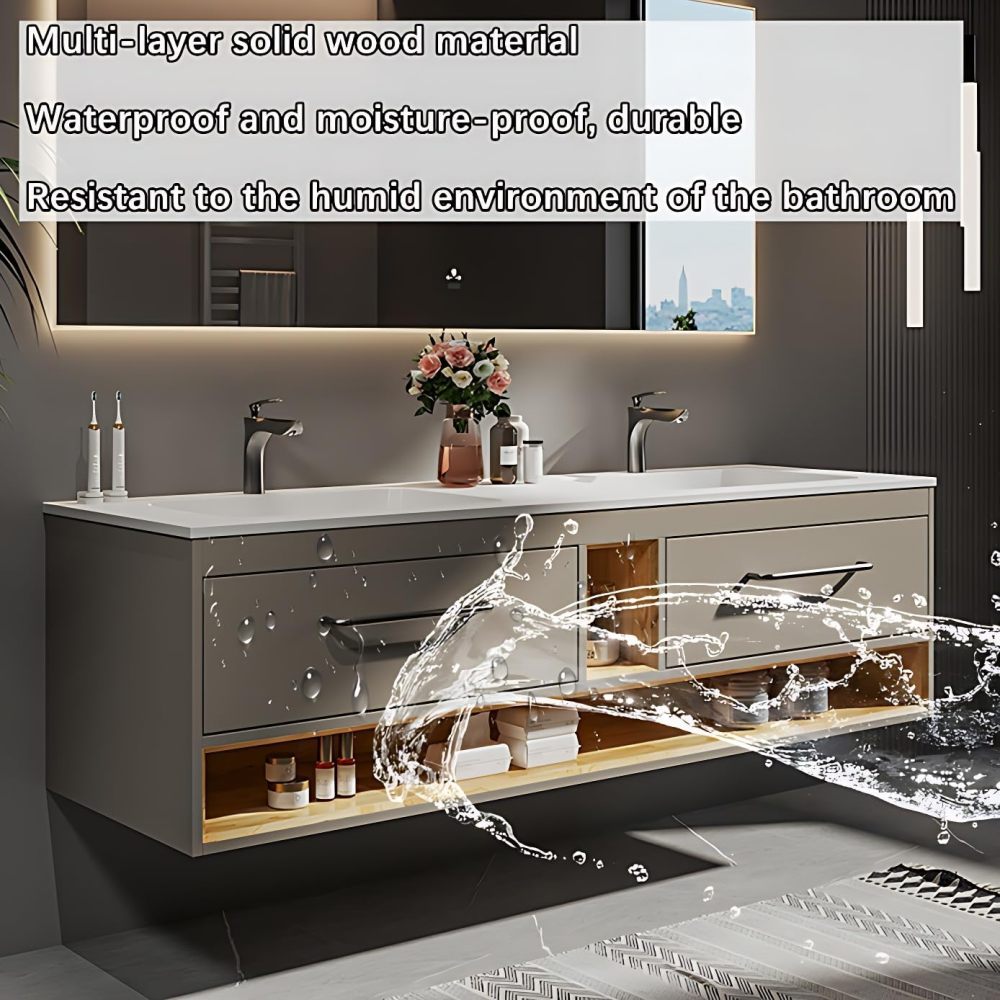 Bathroom Vanity with Sink - Double Sink Bathroom Vanity | Includes Faucet & Smart Defog Mirror Combination | Wall Mount | Multi-Layer Solid Wood Material