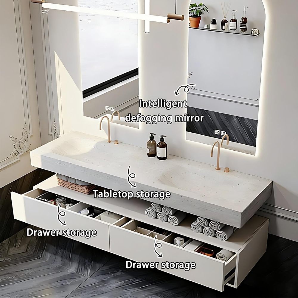 60IN Double Sink Bathroom Vanity - Modern Bathroom Vanity with Smart Defog Mirror, Floating Sink Cabinet with 2 Drawers, Complete Accessories, No Assembly Required, White - Mirror