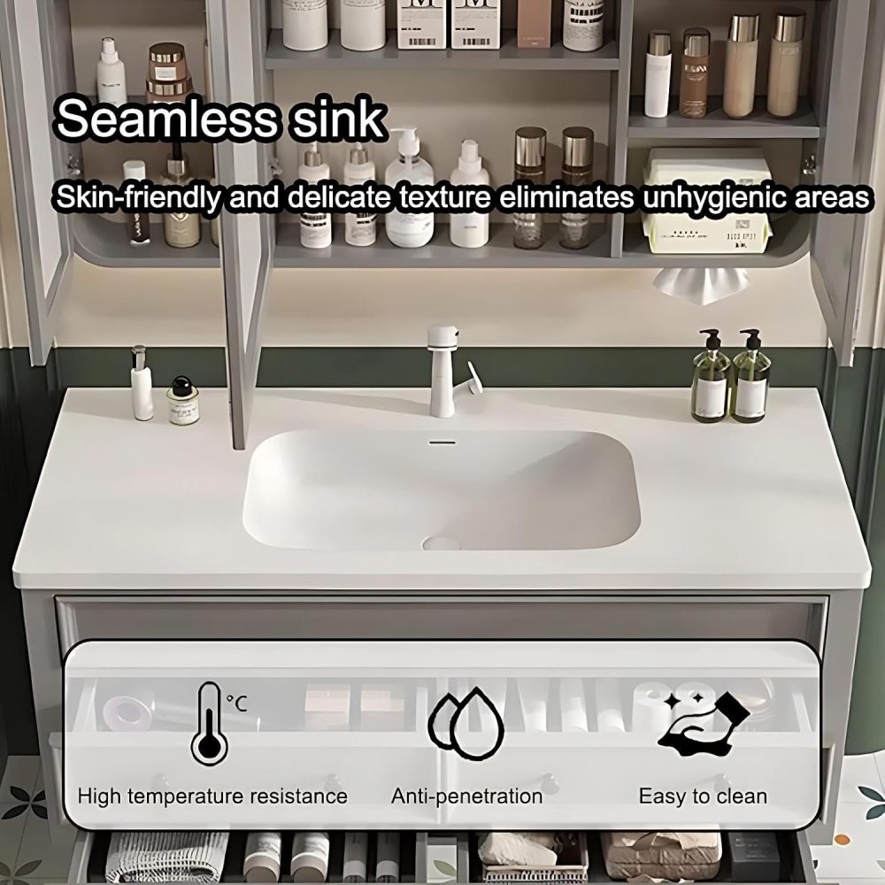 36IN Bathroom Vanity with Sink - Modern Bathroom Vanity with 4 Drawers Storage, Solid Wood Sink Cabinet with Smart Defog Mirror & Seamless Sink, No Assembly Required