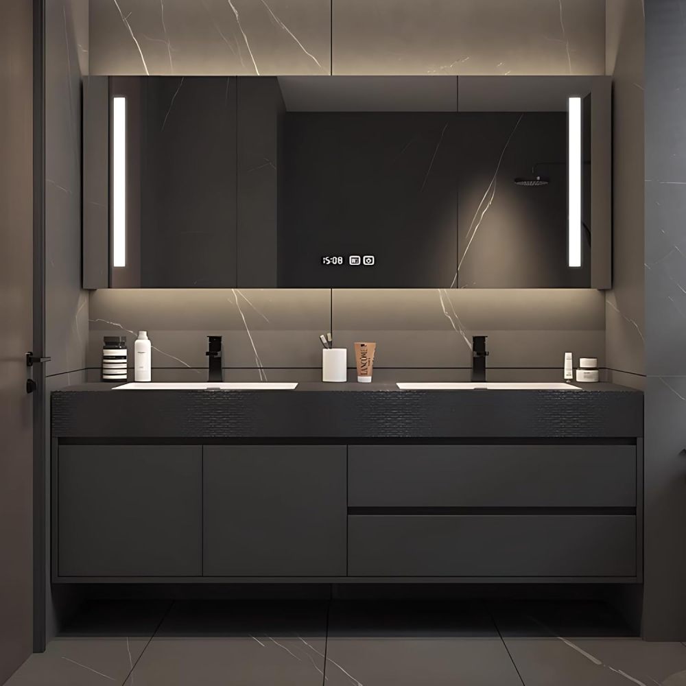 Modern Bathroom Vanity with Double Sink – Wall-Mounted Bathroom Cabinet with Sink, LED Mirror, 2 Drawers, Mirror Cabinet – Floating Vanity Set for Stylish Storage (Black, 72IN)