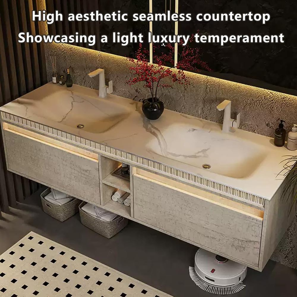 72IN Double Sink Bathroom Vanity - Bathroom Vanity with Anti-Fog Mirror, Solid Wood Sink Cabinet with Drawers, Complete Accessorie, Fully Assembled