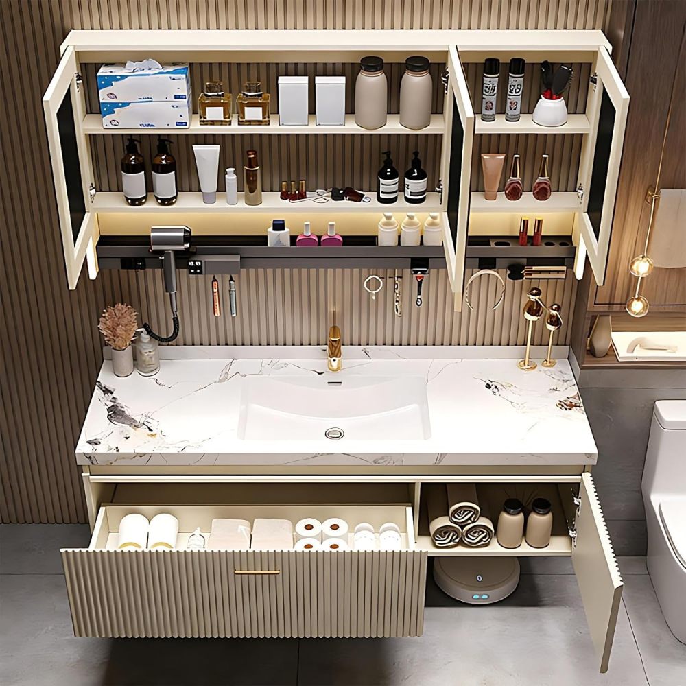 60IN Bathroom Vanity - Modern Bathroom Vanity with Anti-Fog Mirror Cabinet, One-Touch Defog & Lighting, Floating Bathroom Vanity Cabinet with Storage, Multi-Layer Solid Wood Material