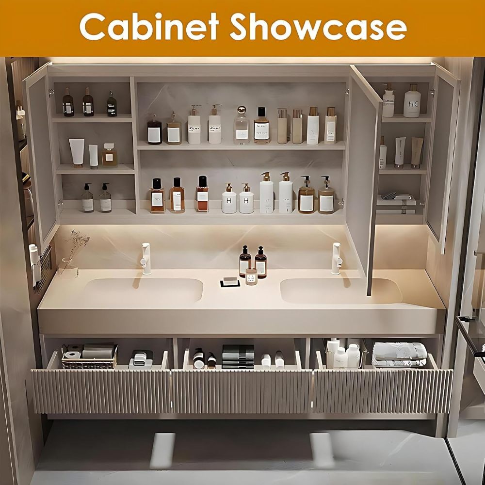 62IN Bathroom Vanity - Elegant Floating Bathroom Sink Cabinet with Smart Defog Mirror Cabinet and LED Light, Bath vanities with 3 Large Drawer, Complete Accessorie, Fully Assembled, Off-White