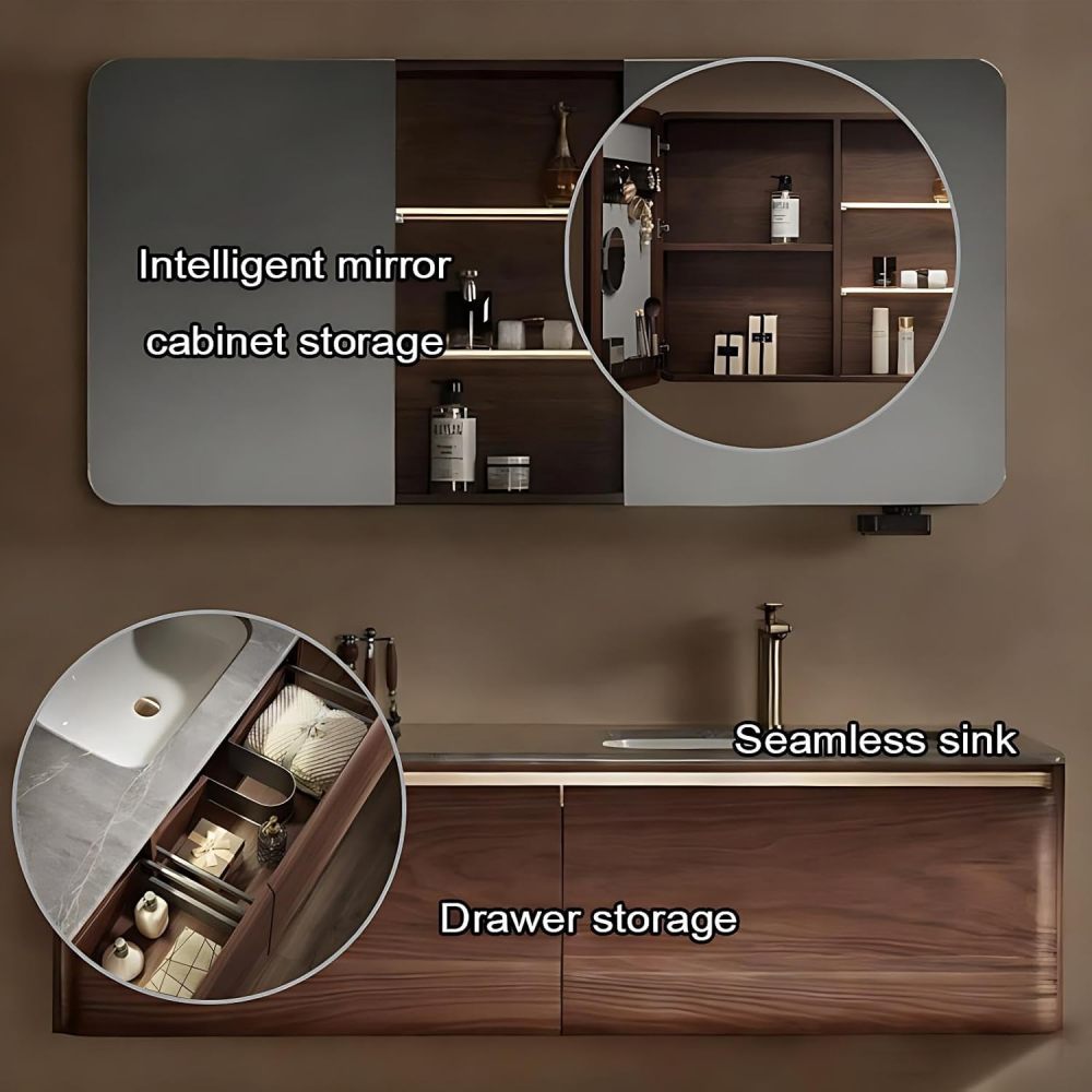 34IN Bathroom Vanity - Modern Bathroom Vanity with with 2 Large Capacity Drawers, Solid Wood Sink Cabinet with Smart Defog Mirror, Customizable Size, No Assembly Required