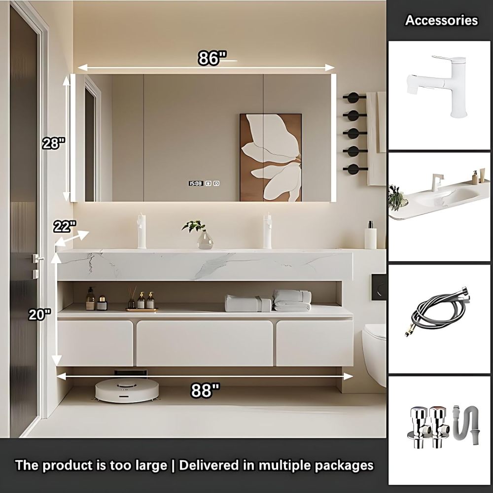 Bathroom Vanity - Modern Double Sink Bathroom Vanity, Including Sink & LED Smart Defog Function | Wall Mount | Multi-Layer Solid Wood Material (White, 88")