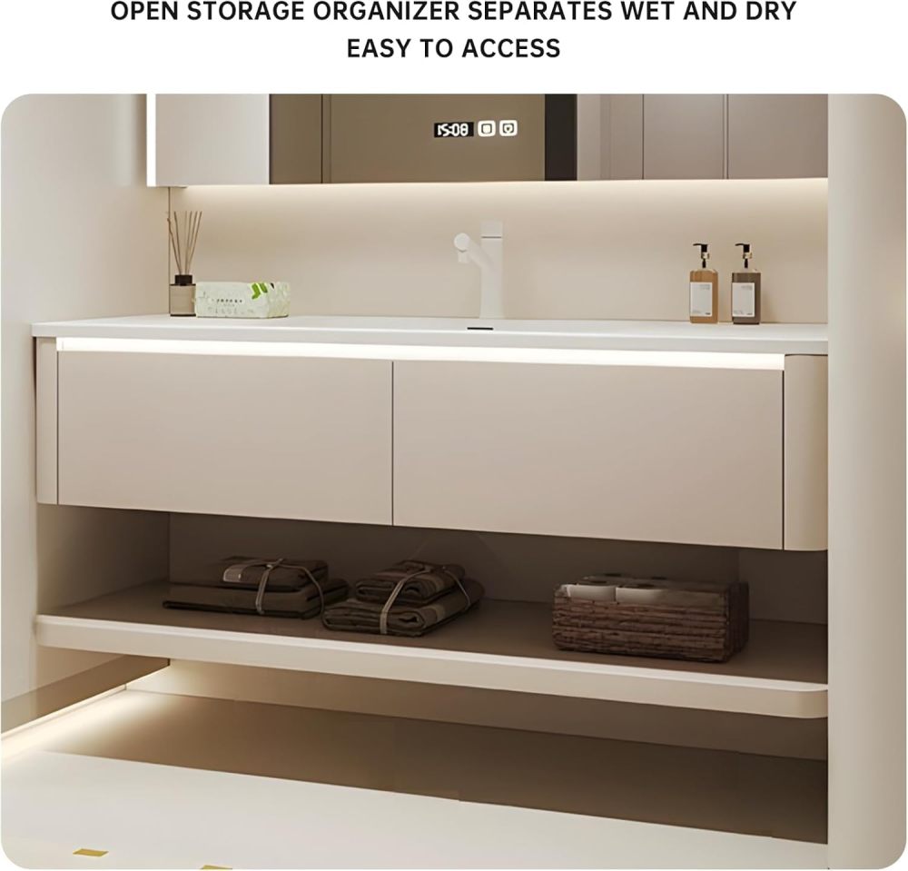 80IN Floating Bathroom Vanity Sink Set - Smart Defogging Mirror Cabinet with Light, Solid Wood Vanity with Open Storage Design, One-piece Basin, Includes Accessories, Off-White