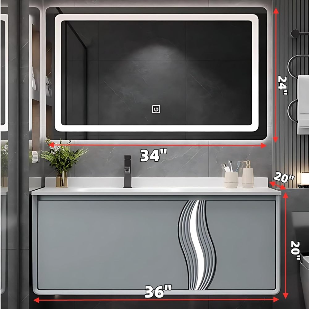Bathroom Vanity - Modern Bathroom Vanity with Sink & LED Smart Defog Function | Wall Mount | Multi-Layer Solid Wood Material | Modern and Stylish Design (Square Mirror, 36")