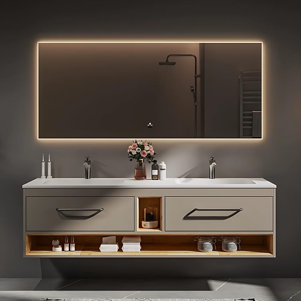 Bathroom Vanity with Sink - Double Sink Bathroom Vanity | Includes Faucet & Smart Defog Mirror Combination | Wall Mount | Multi-Layer Solid Wood Material
