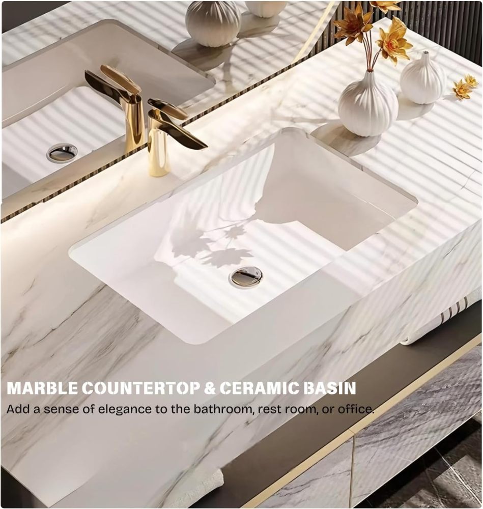 44IN Bathroom Vanity with Sink - Modern Floating Sink Cabinet with Storage Drawer, Smart Round Mirror & Integrated Countertop, Includes Accessories, Fully Assembled, White Marble