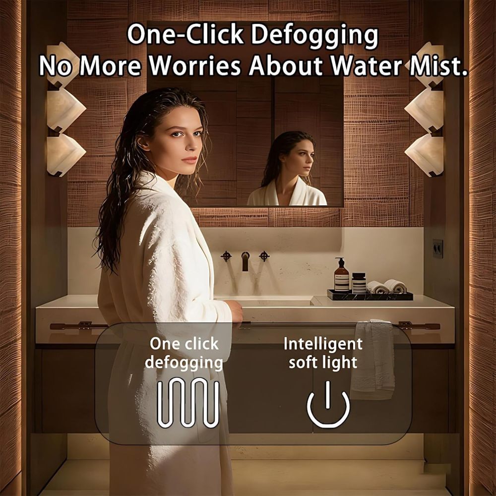 60IN Bathroom Vanity - Solid Wood Bathroom Vanity with Smart Defog Mirror, One-Touch Defog & Lighting, Floating Sink Cabinet with 3 Drawer and Towel Rack, No Assembly Required, Wood